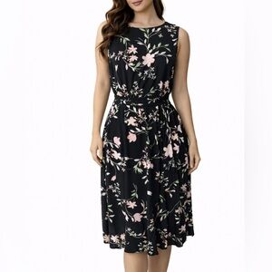 Anne Klein Dress 10 Pink Black Midi Stretch Belt Sleeveless Summer Washable NEW